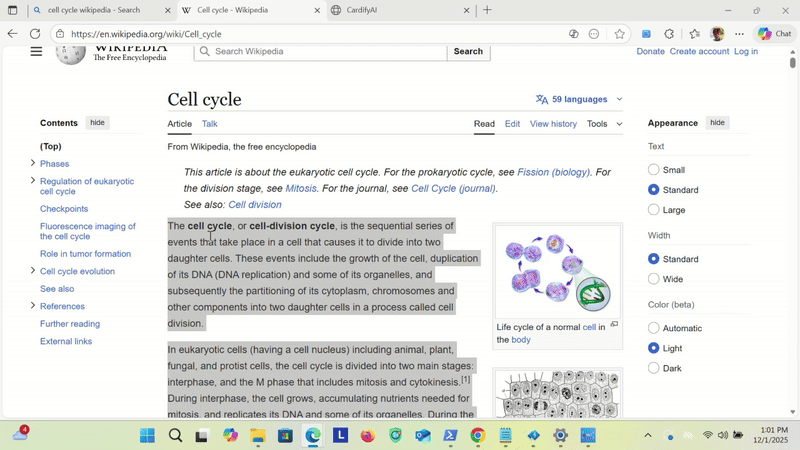 Using the CardifyAI browser extension to install, highlight, and generate cards