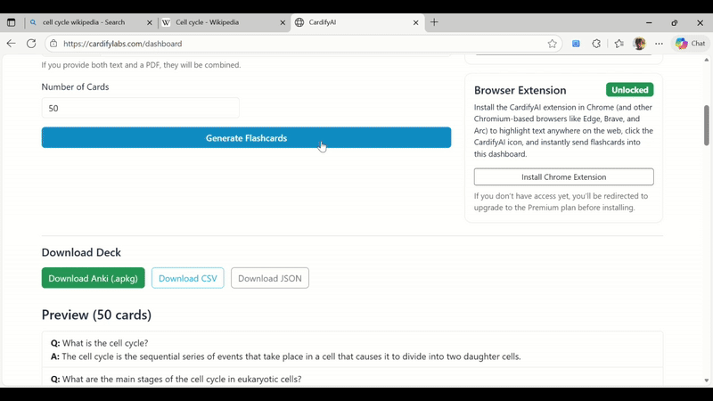 Generating and previewing a deck in CardifyAI