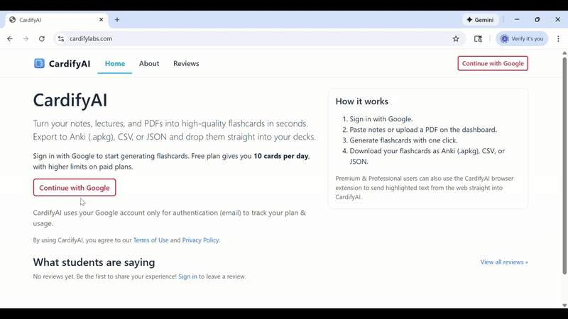 Opening the CardifyAI dashboard